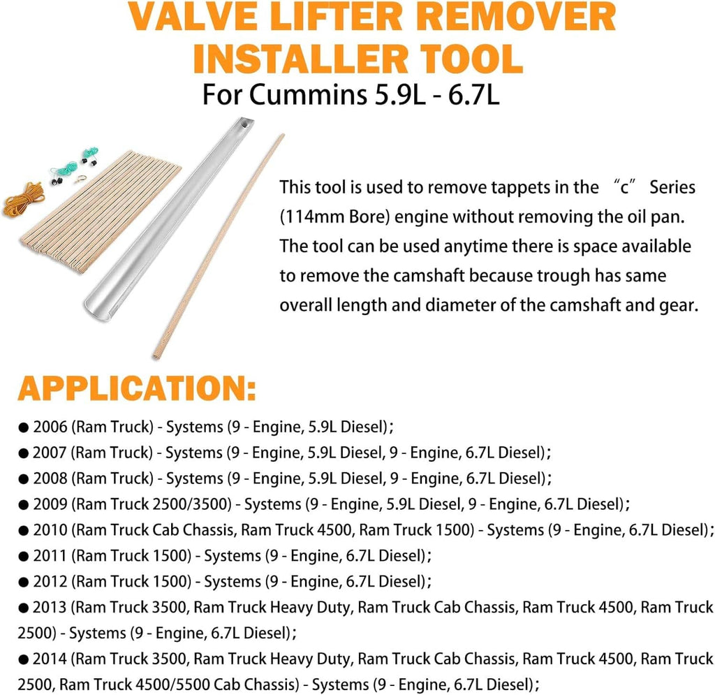 Valve lifter remover and installer tool with metal trough and wooden dowel rods