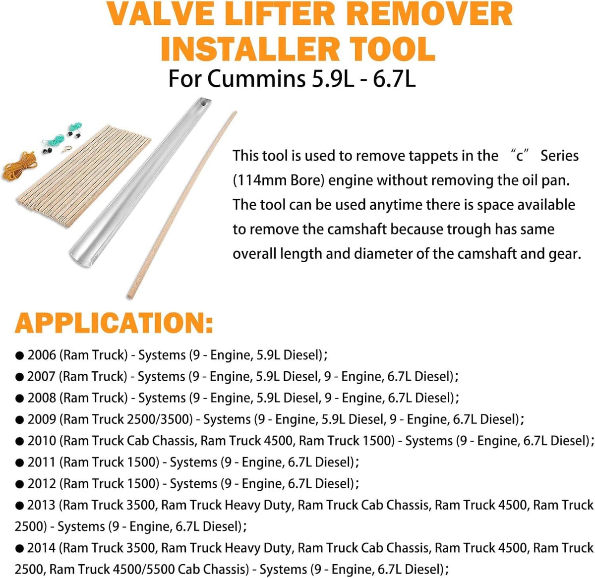 Valve lifter remover and installer tool with metal trough and wooden dowel rods