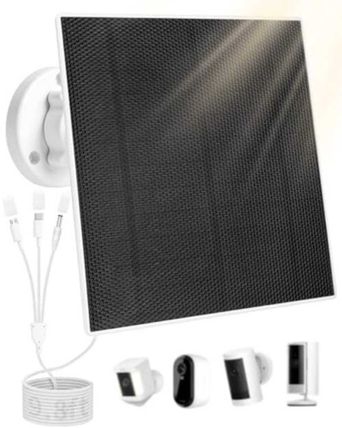 Black square solar panel with mounting bracket and USB/DC cable connectors