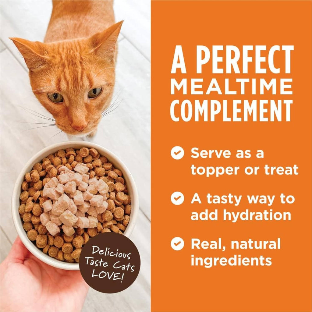 Cat beside a bowl of salmon cat food topper bites