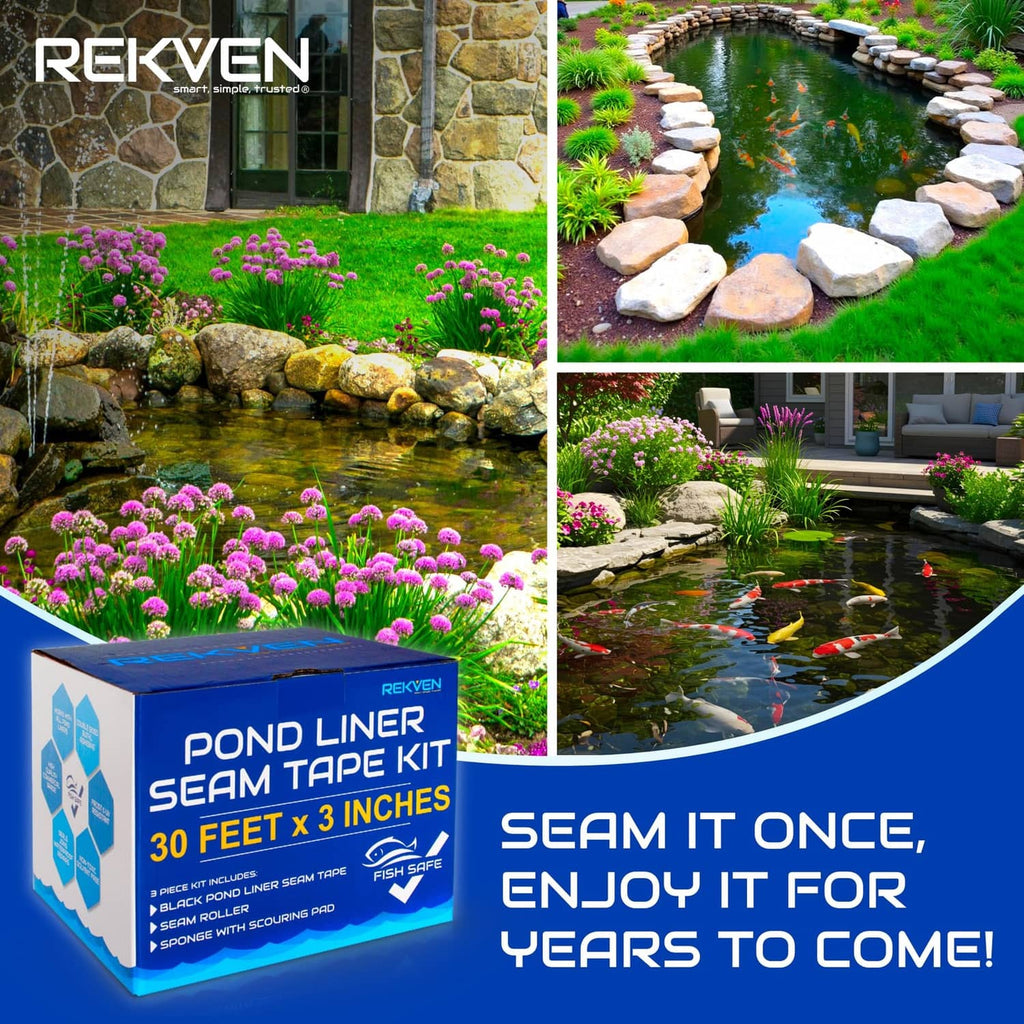 Pond liner seam tape kit box with pond landscape photos