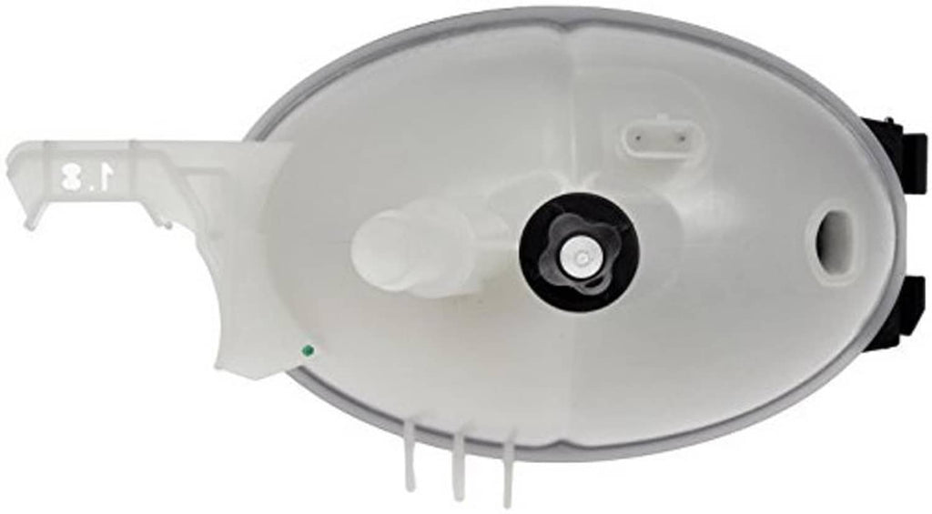 Translucent coolant reservoir with round cap opening and mounting clips, close-up