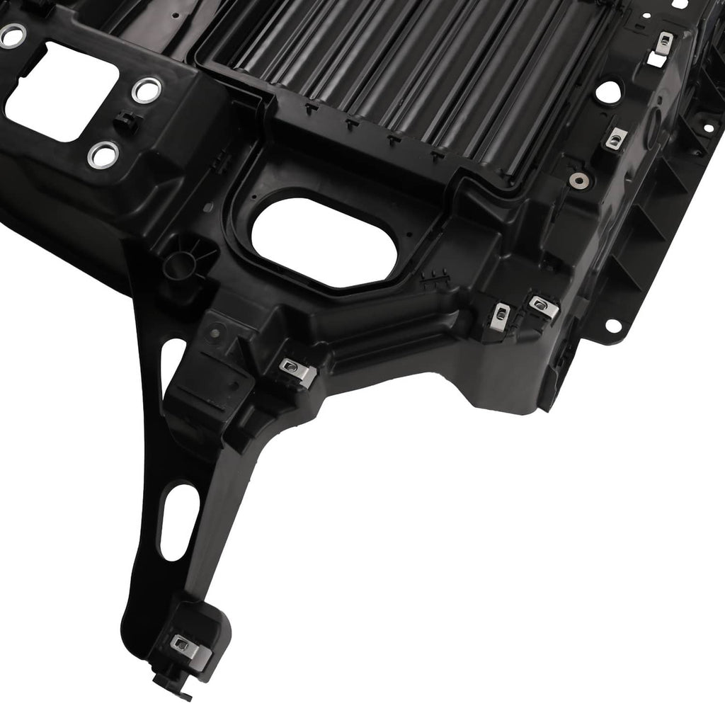 Close-up of black grille shutter frame with mounting holes and integrated support arms