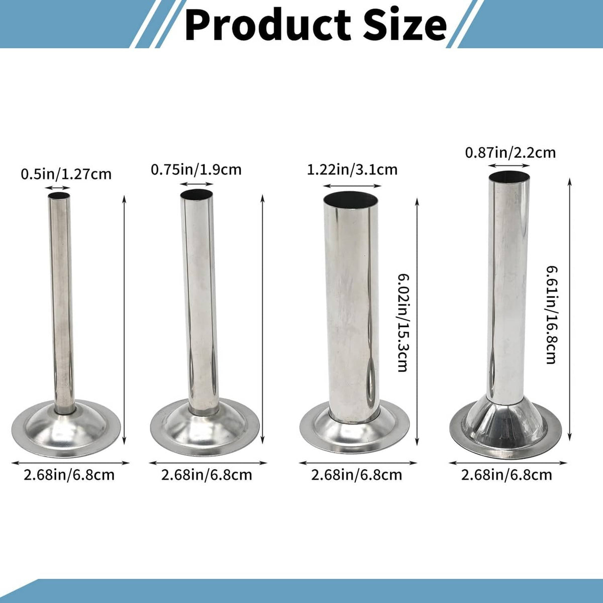 Stainless steel sausage stuffing tubes in varying lengths, each with a flared base