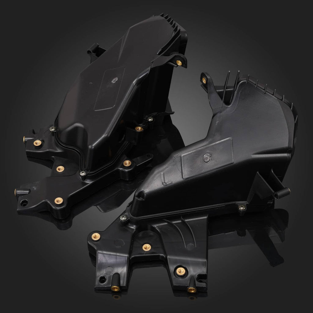 Pair of black fairing glove box storage units with open compartments and bracket hardware