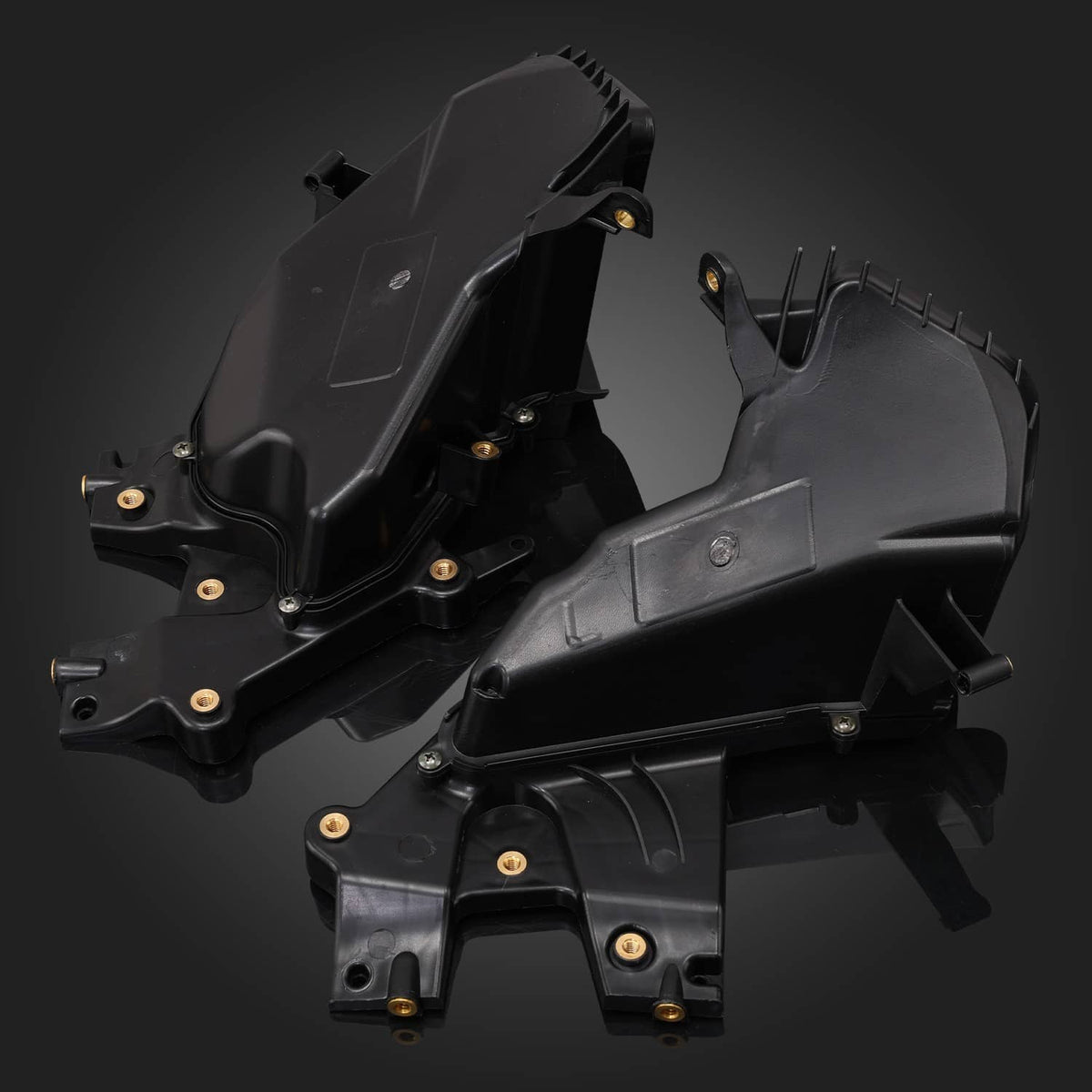 Pair of black fairing glove box storage units with open compartments and bracket hardware