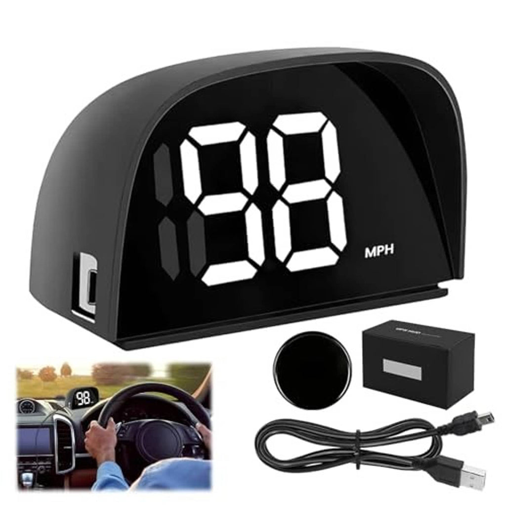 GPS digital speedometer HUD, black face with bright LED MPH digits and side port