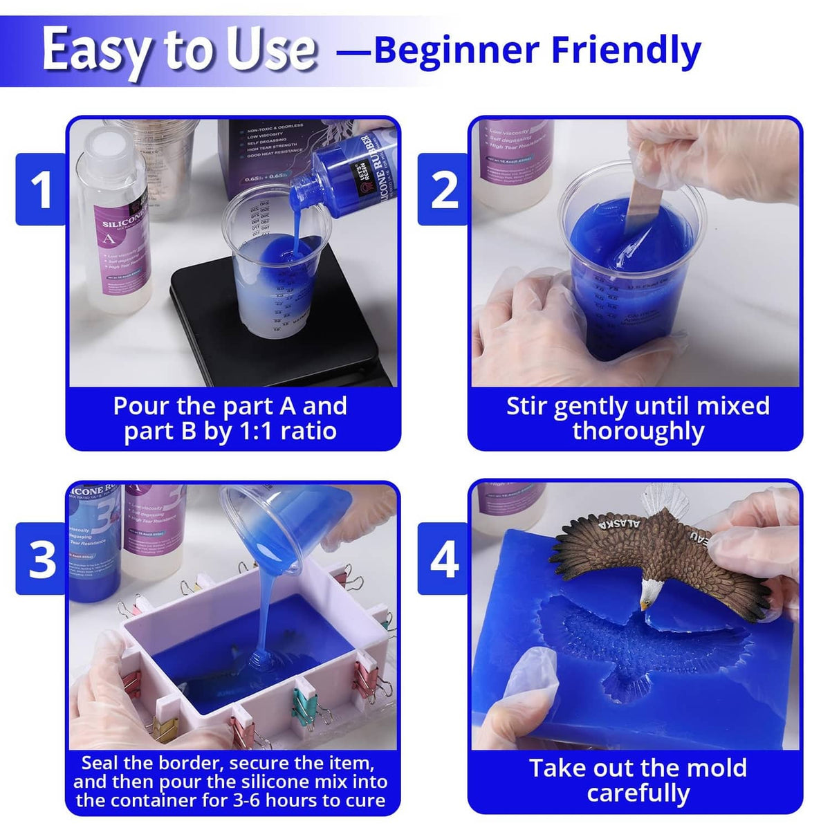 Silicone mold kit steps showing mixing cup and pouring mold cavity