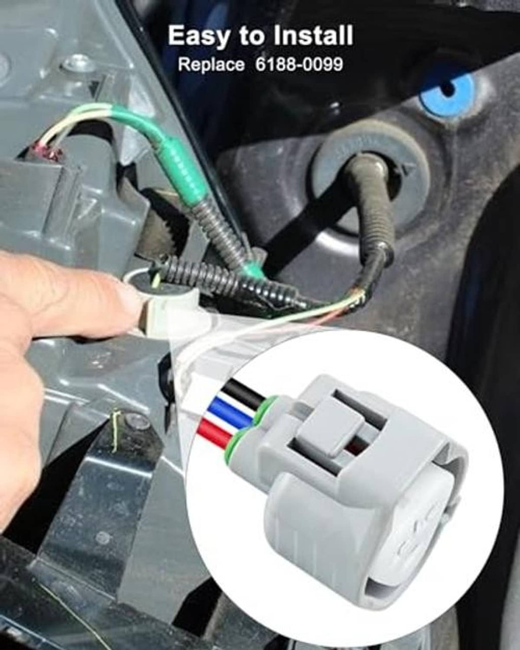 Gray turn signal connector with colored wire leads, close-up installation view