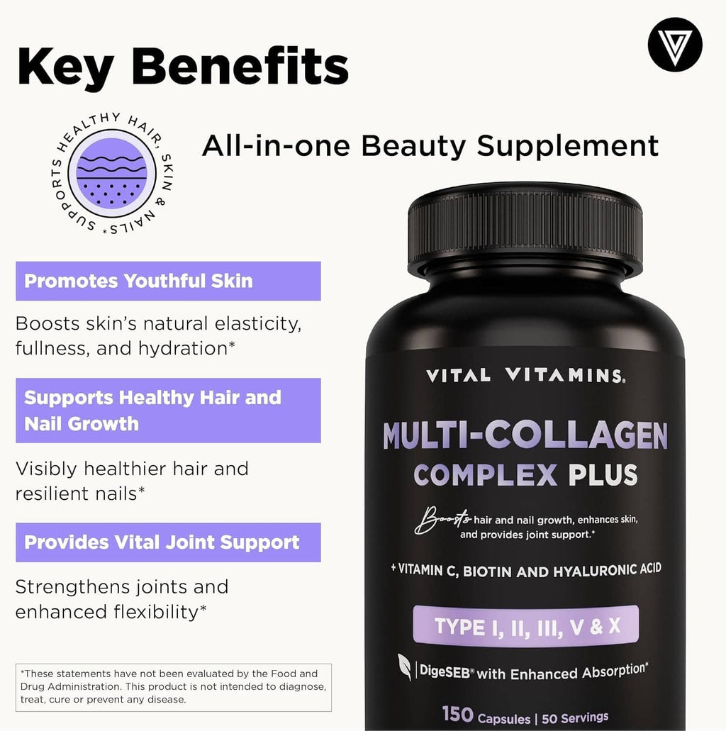 Key benefits chart with a black collagen supplement bottle labeled “All-in-one Beauty”