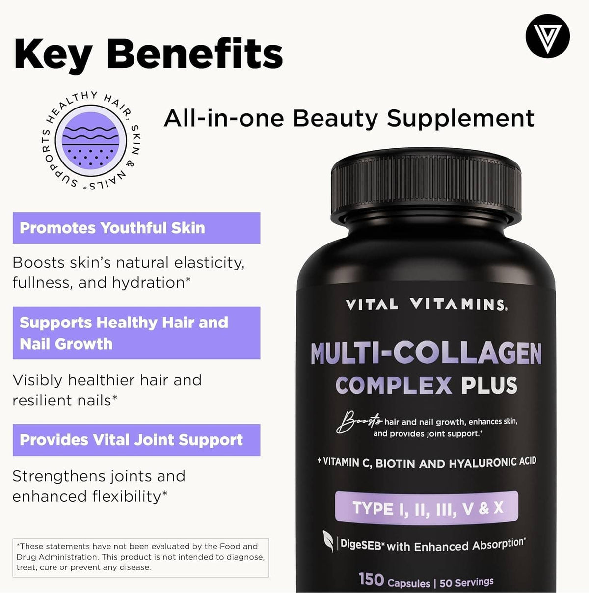 Key benefits chart with a black collagen supplement bottle labeled “All-in-one Beauty”