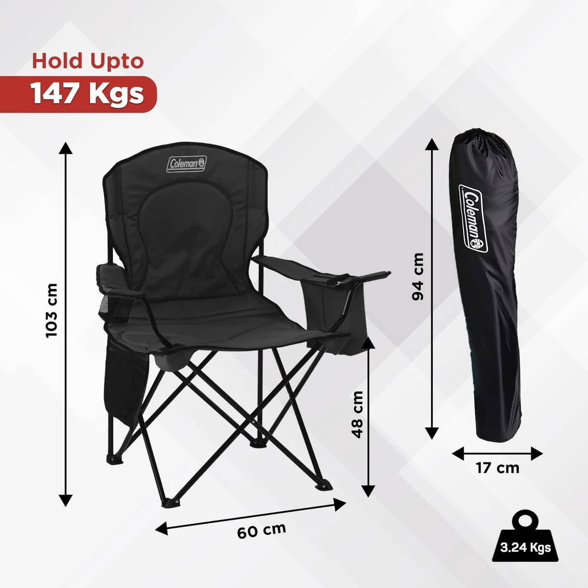 Coleman quad camp chair with cushioned seat, side cooler compartment, and foldable frame