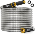 304 stainless steel garden hose coil with black connectors and gold brass fittings, with spare caps