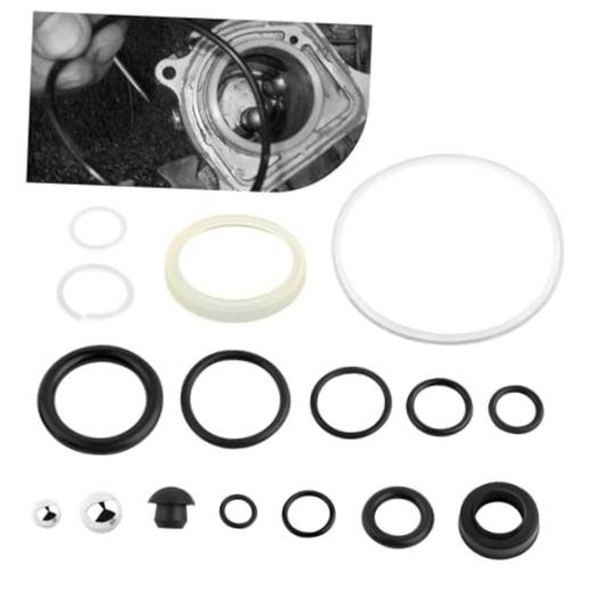 Floor jack repair sealing kit with multiple black and white O-rings and gaskets