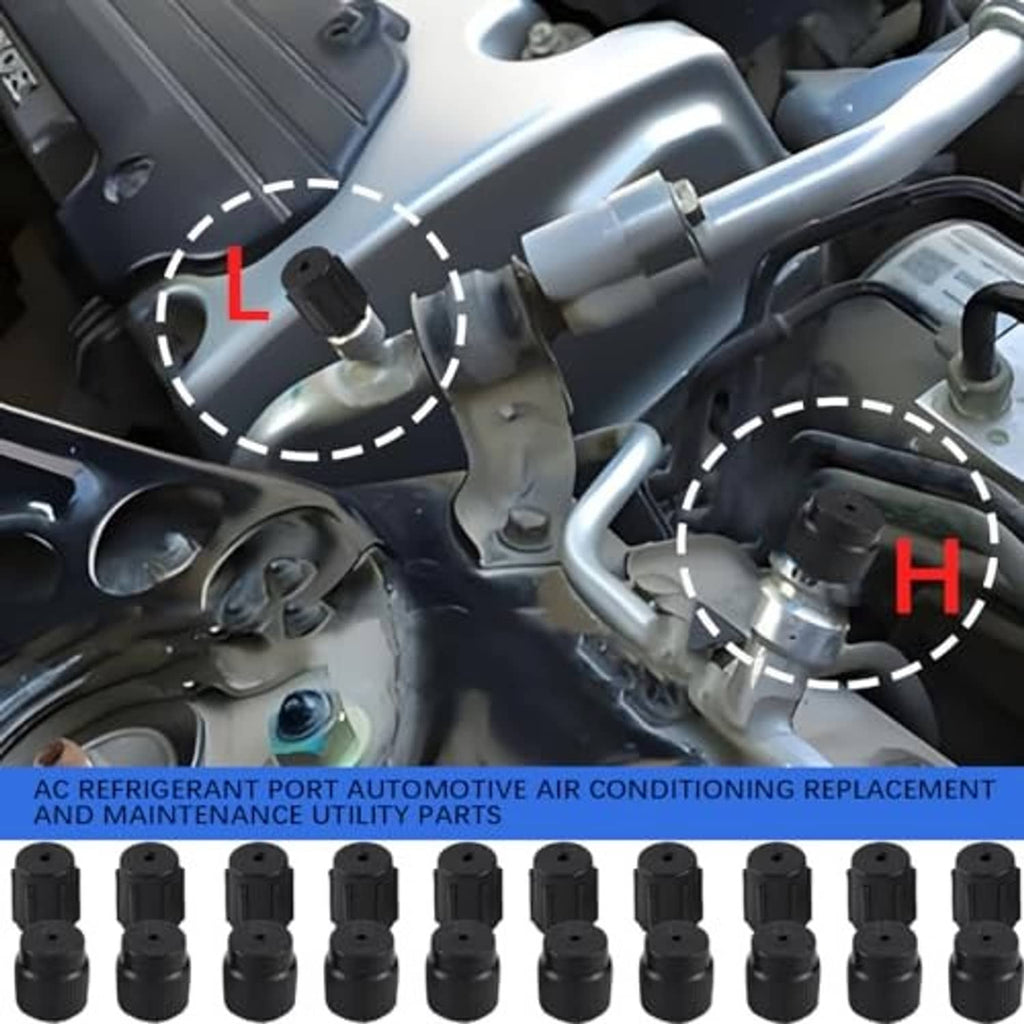 Black air conditioning valve core caps positioned on an automotive air conditioning port