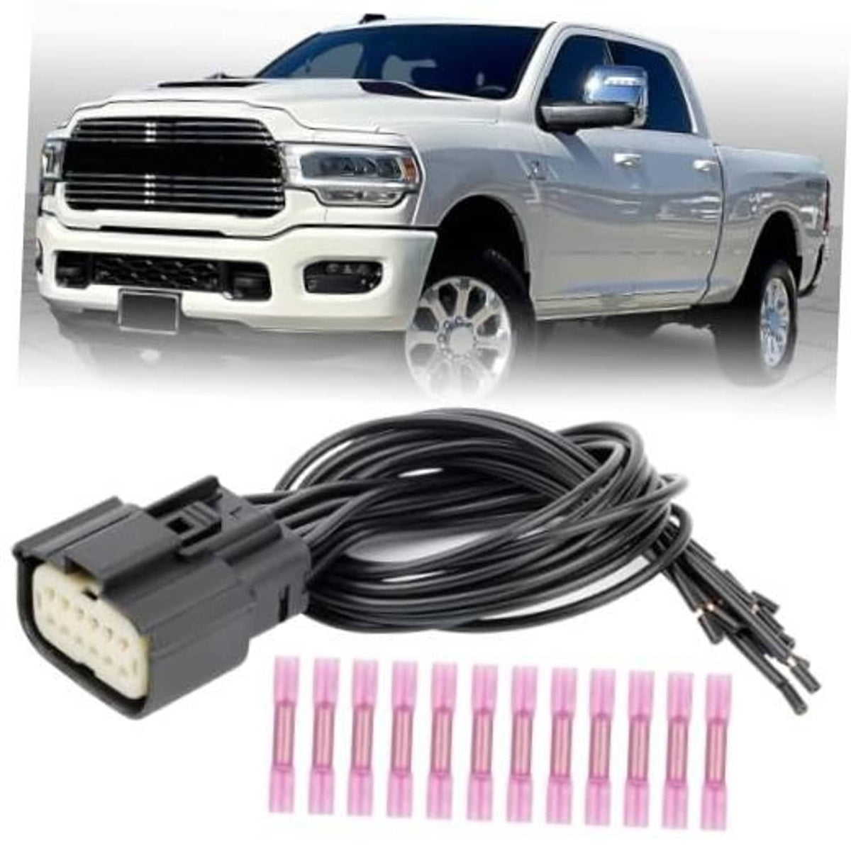 Headlight connector harness with multi-pin plug, bundled black wires and pink terminals