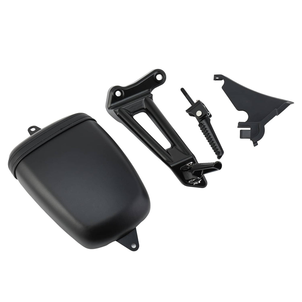 Black passenger seat with mounting hardware and footpeg bracket parts