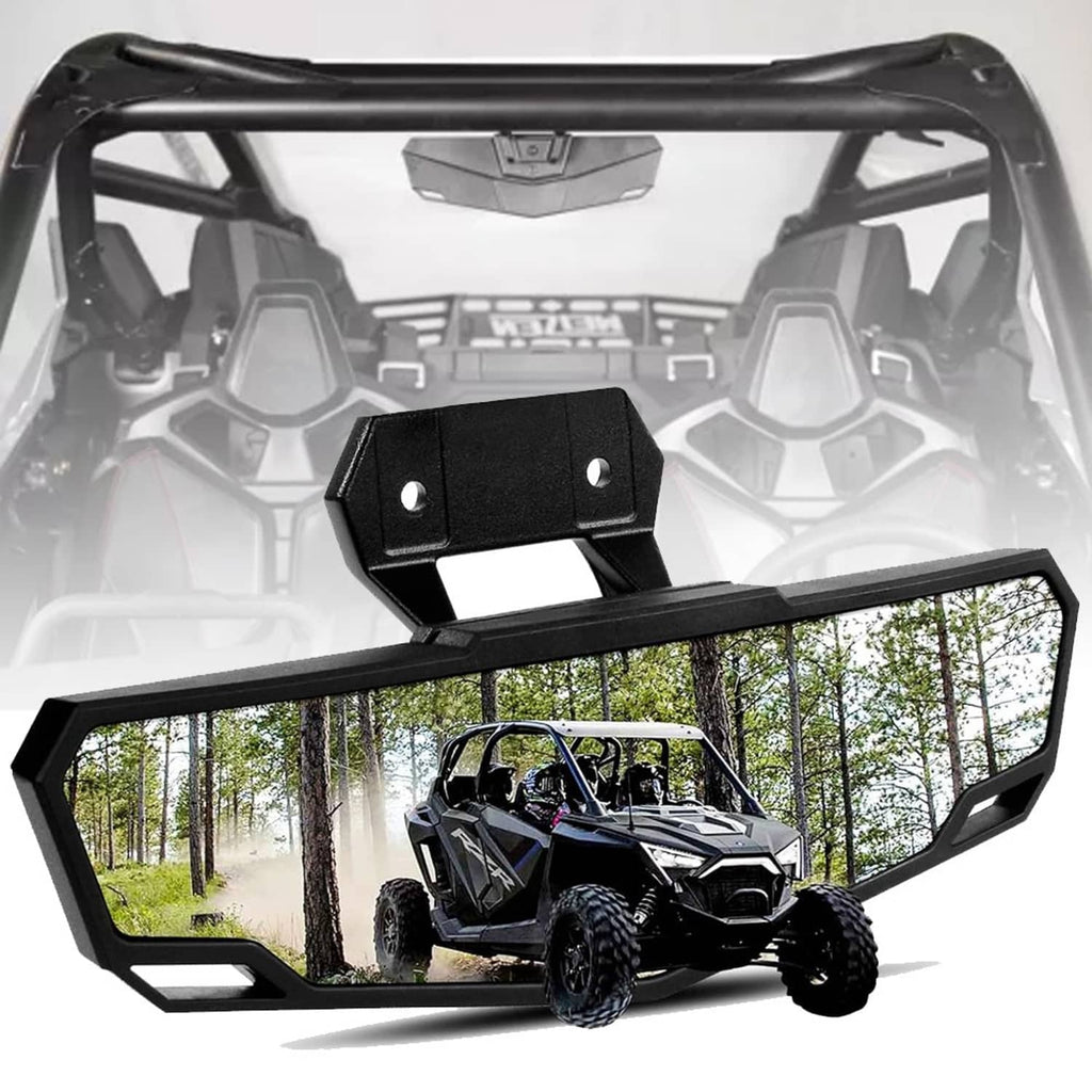 UTV rear-view mirror with convex lens and black mount bar