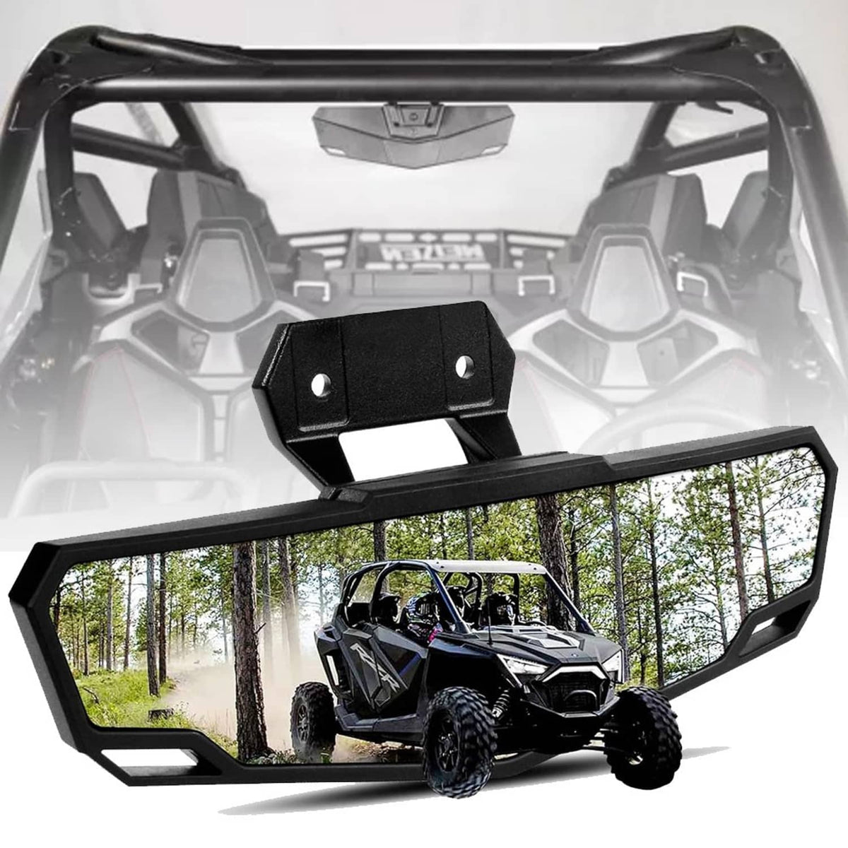UTV rear-view mirror with convex lens and black mount bar