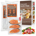 White vacuum sealer bags set, shown with sealed salmon portions and 30-bag pack