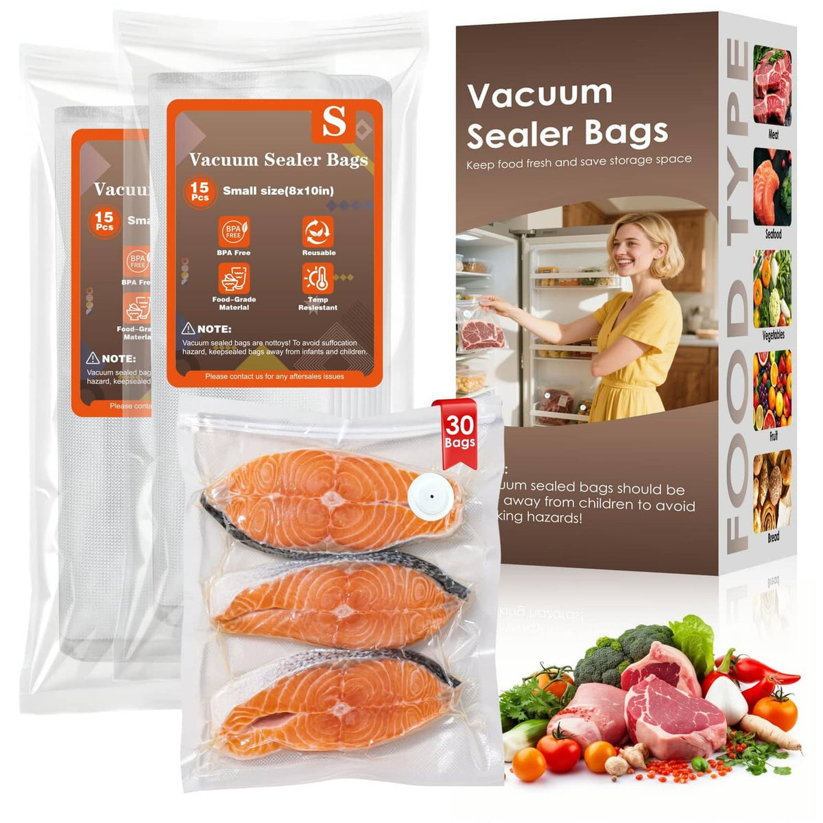 White vacuum sealer bags set, shown with sealed salmon portions and 30-bag pack