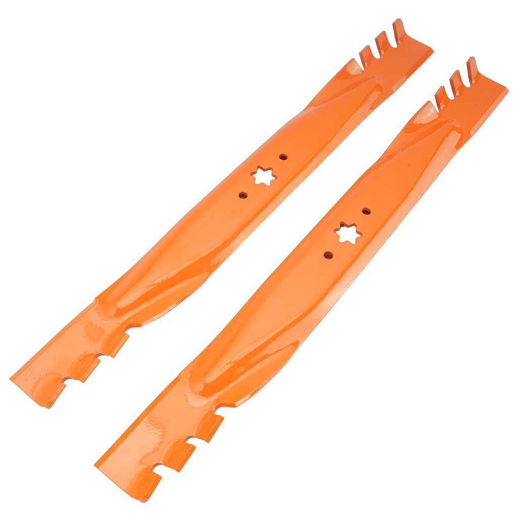 Orange mower blades with 6-point star centers and side notches, pair