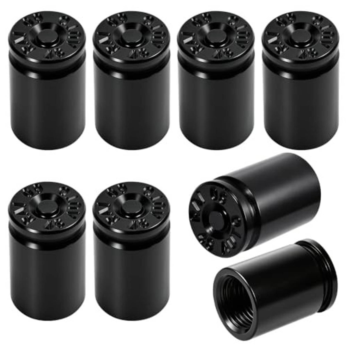 Black tire valve stem caps with threaded end openings and round textured top