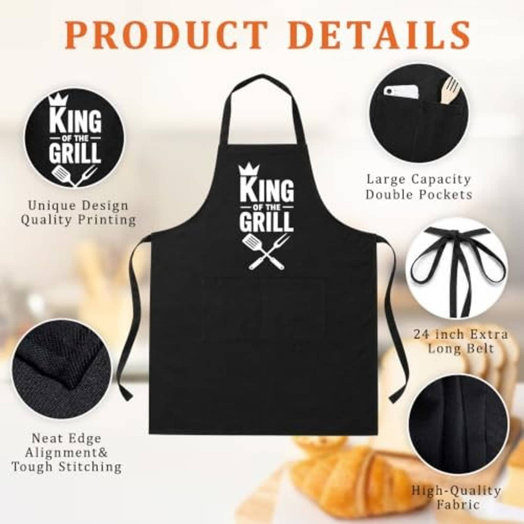Black BBQ apron with 'King of the Grill' logo, double pockets, and long tie belt