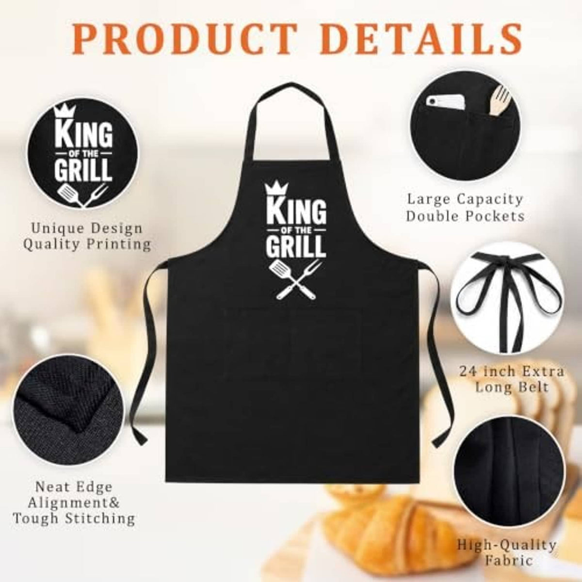Black BBQ apron with 'King of the Grill' logo, double pockets, and long tie belt