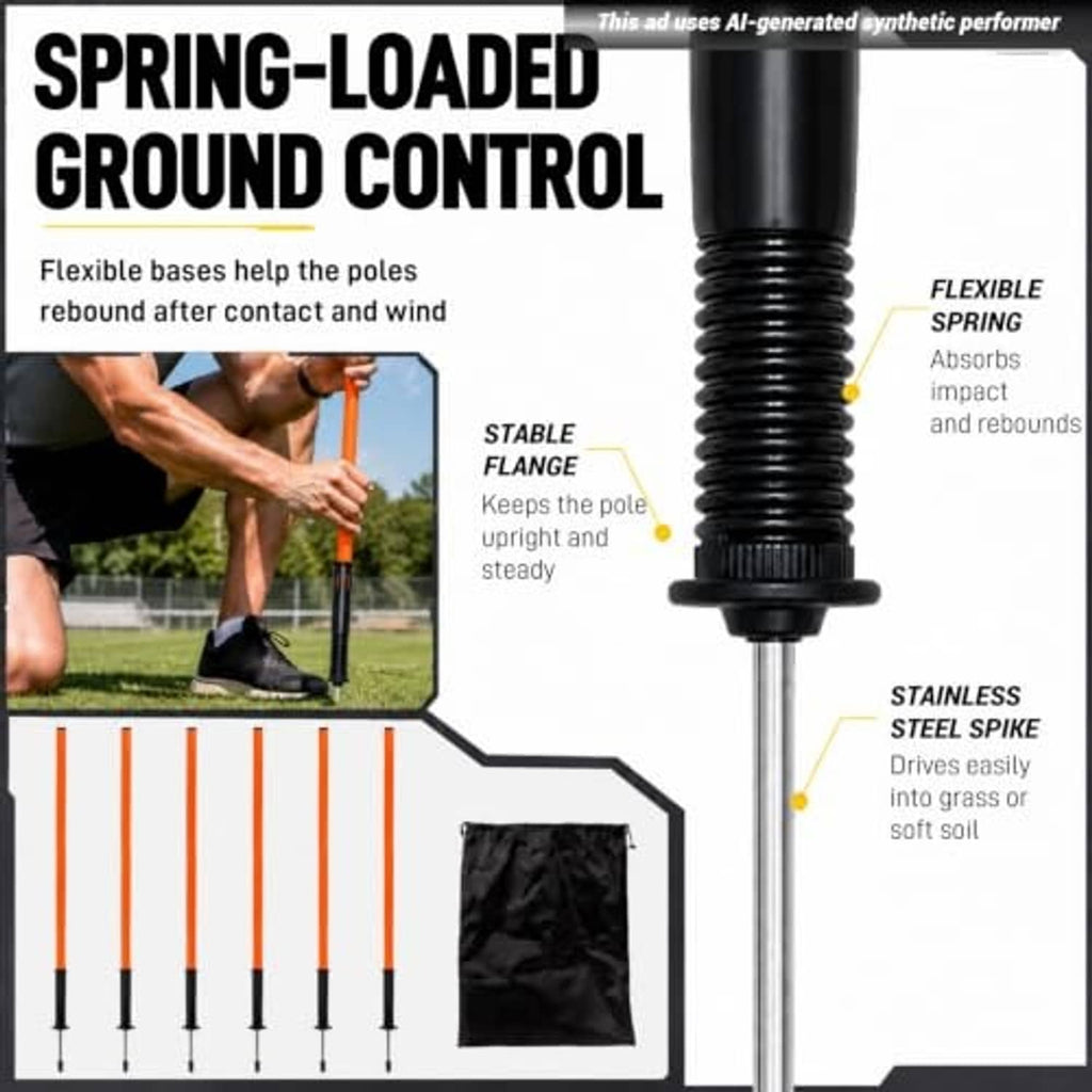 Orange spring-loaded agility poles with flexible bases and stainless steel spike anchors