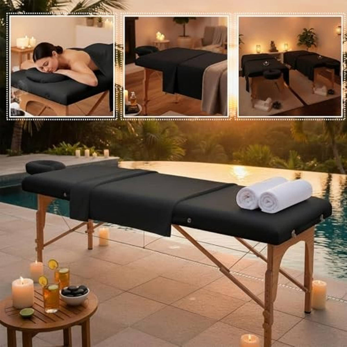 Black massage table sheets on a table beside a pool with rolled matching towels
