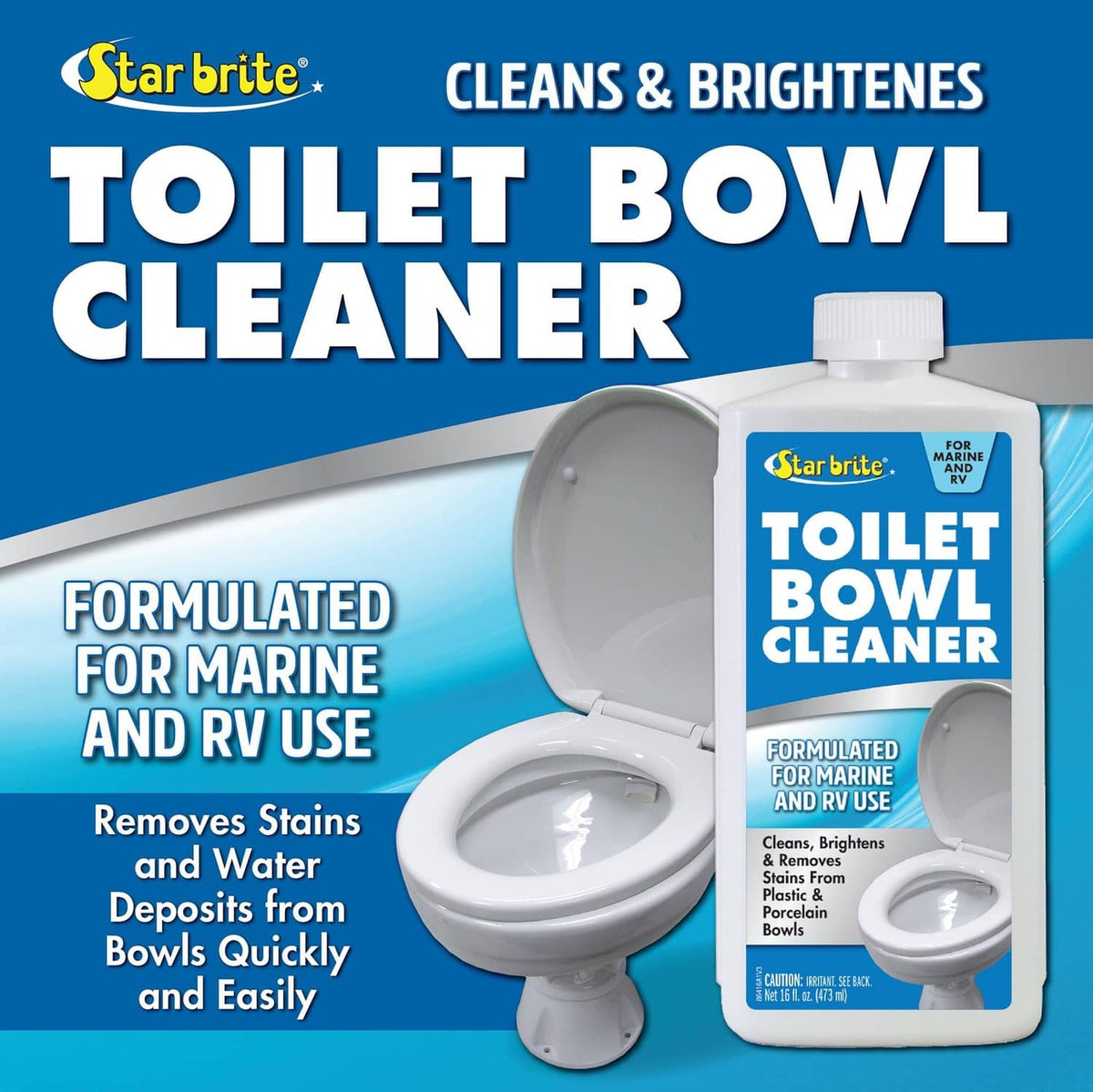 Star Brite toilet bowl cleaner bottle with “Cleans & Brightens” package text.