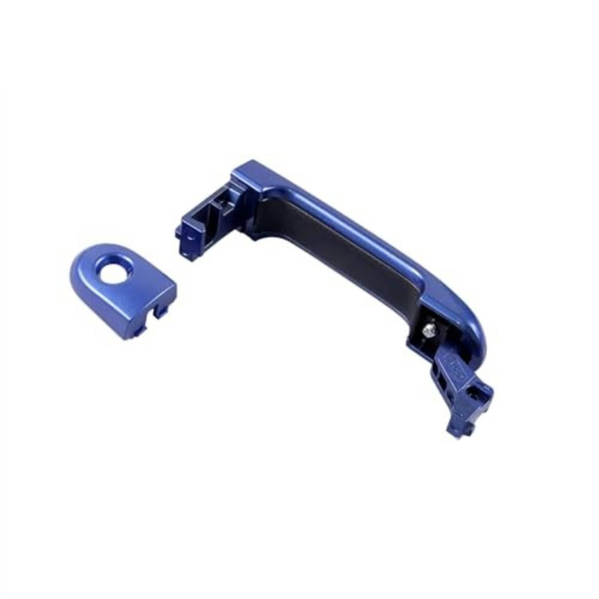Blue exterior door handle with bracket and two mounting clips
