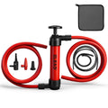 Red fluid transfer siphon pump with hand pump body, red hoses, and black connectors