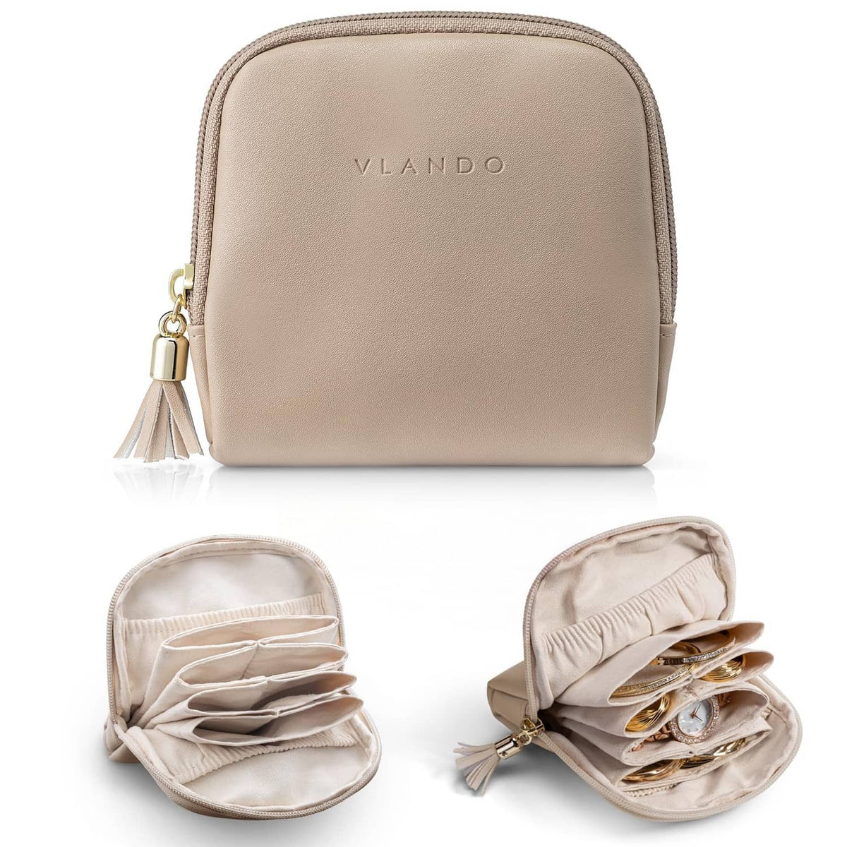 Toffee small jewelry travel case with zipper and tassel pull, smooth front