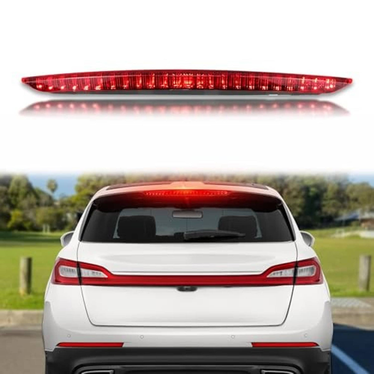 Red LED third brake light replacement bar, centered on a car rear hatch