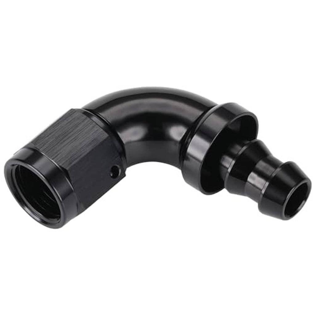 Black 90-degree push-lock hose elbow fitting with angled 90° bend and barbed port