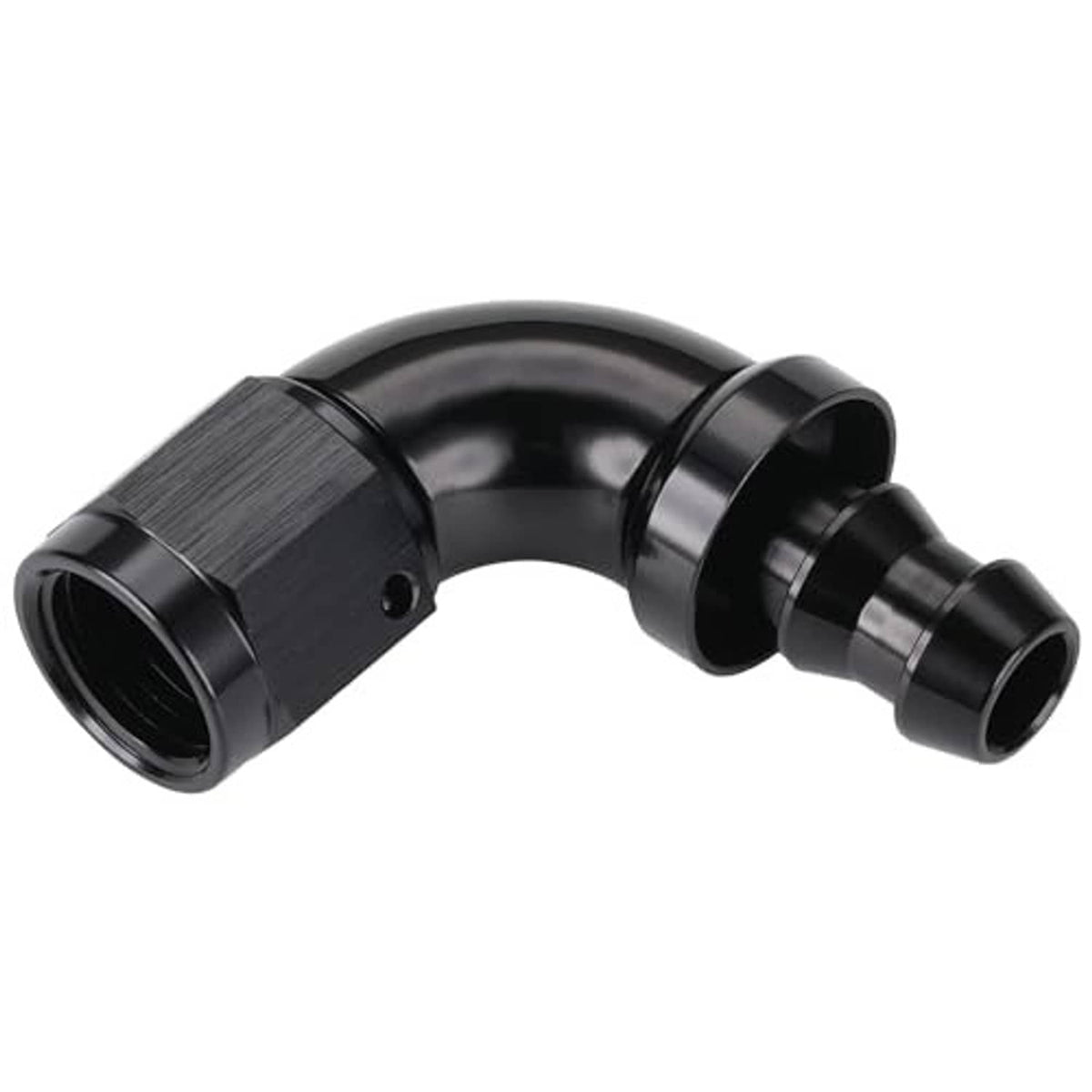 Black 90-degree push-lock hose elbow fitting with angled 90° bend and barbed port