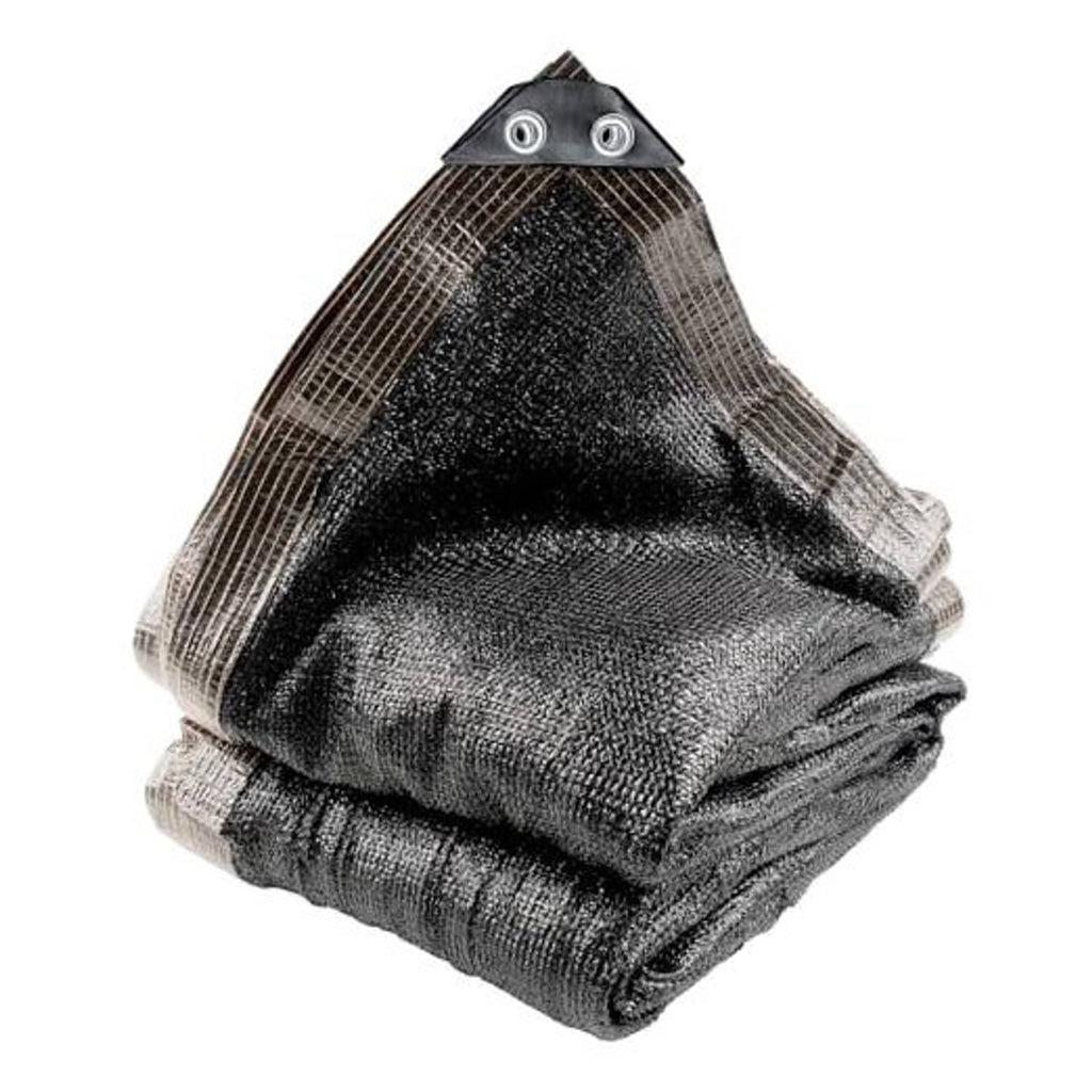 Black woven outdoor shade cloth bundle with reinforced grommets on corner tabs