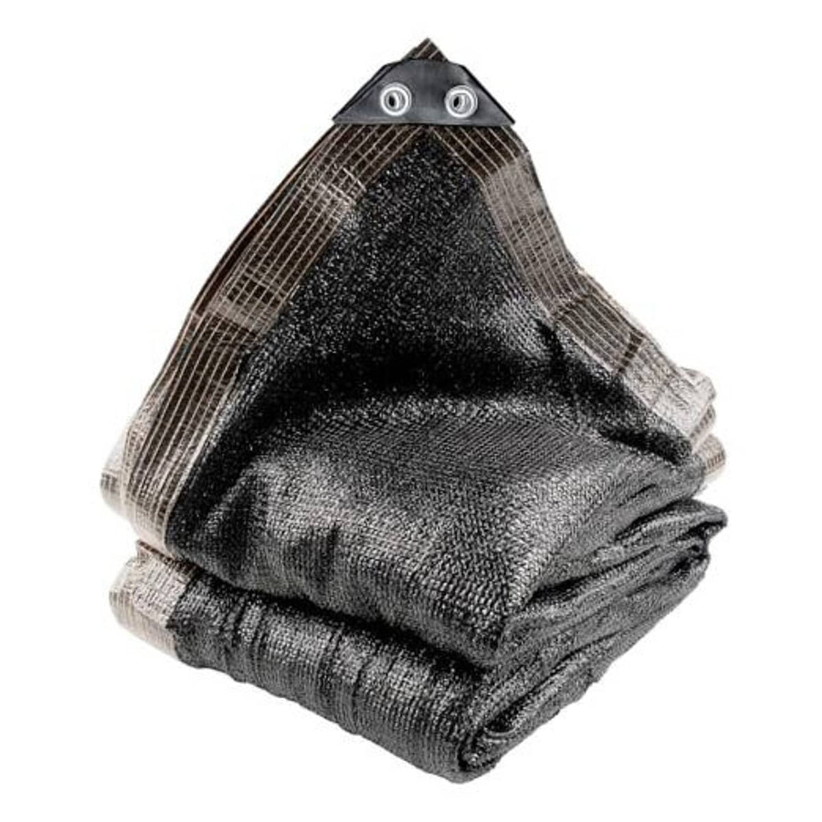Black woven outdoor shade cloth bundle with reinforced grommets on corner tabs