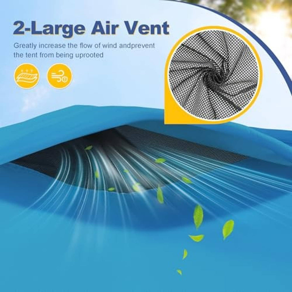 Blue canopy top with large air vent opening and mesh airflow area.
