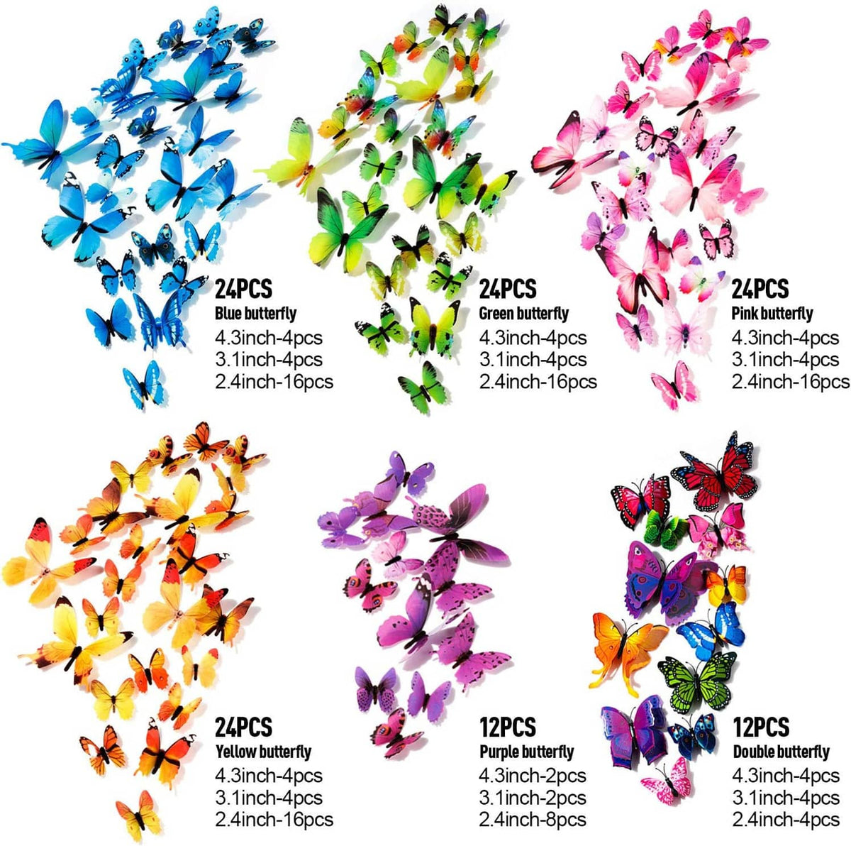 Assorted butterfly wall sticker set with multiple colors and sizes