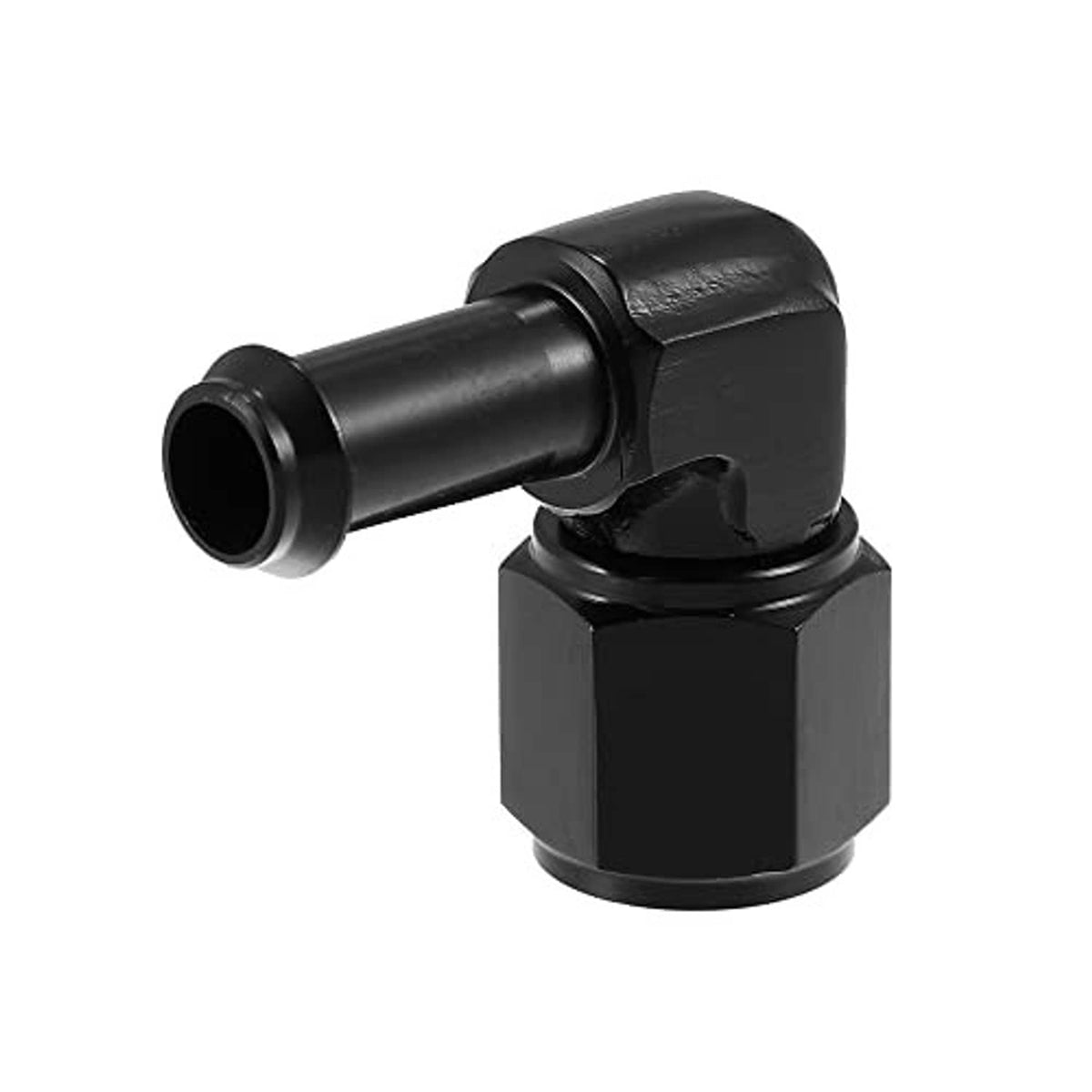 Black 90-degree swivel elbow hose fitting adapter with female AN6 outlet and barb