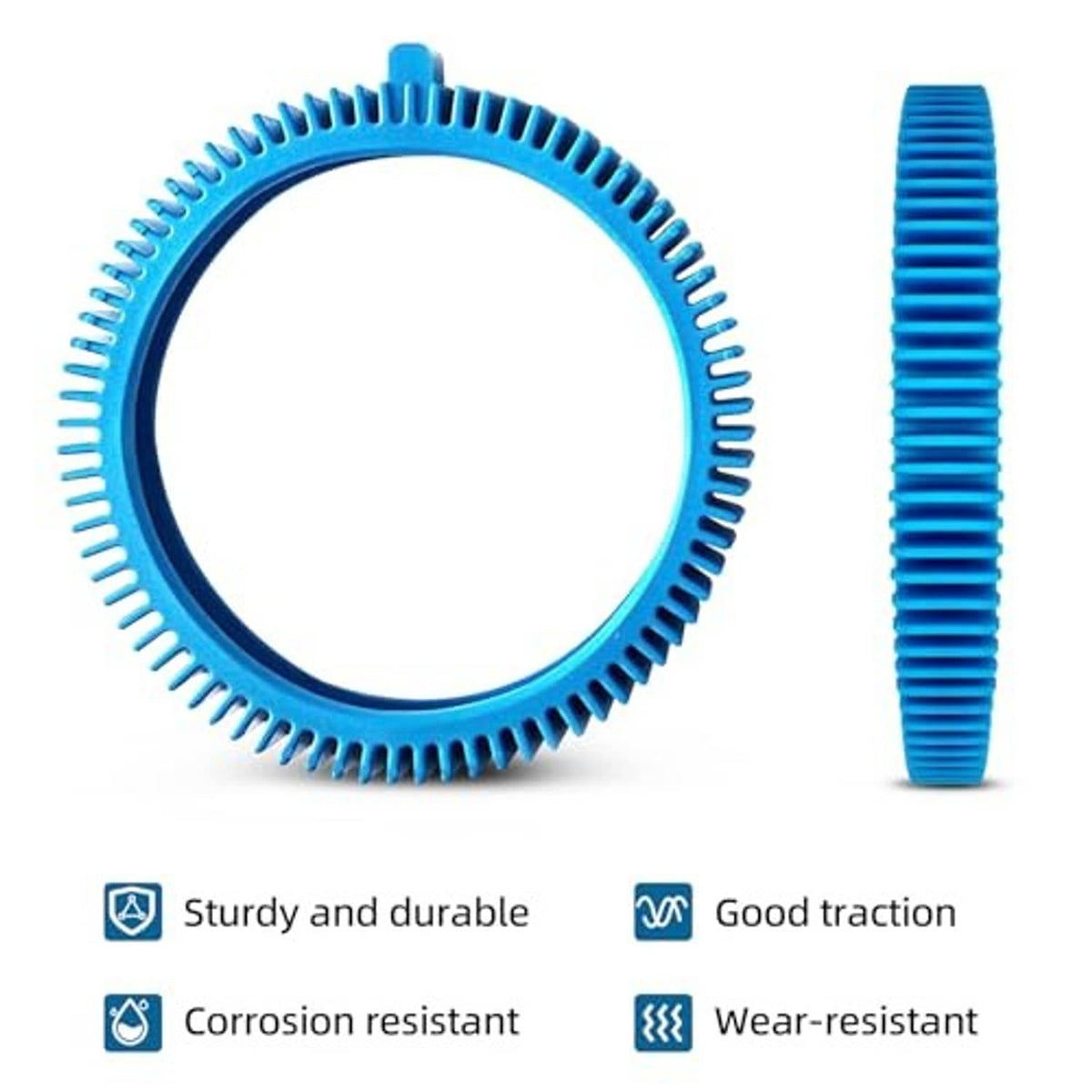 Pair of blue replacement front tires with ribbed tread and circular frame