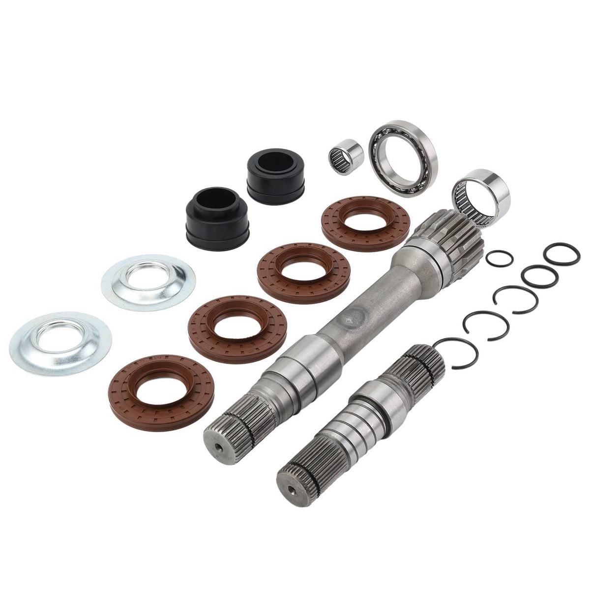 Axle intermediate shaft kit with two shafts, bearings, black boots, brown seal rings, small rings