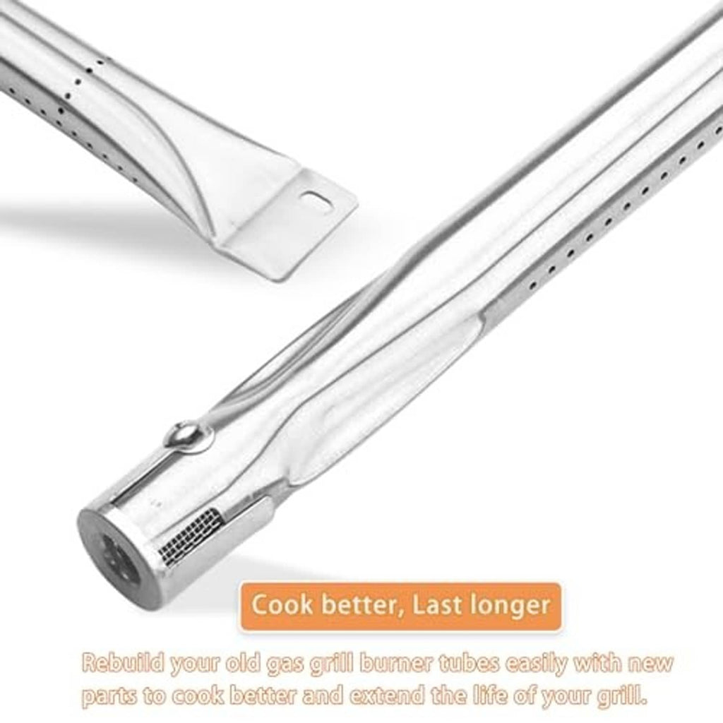Two stainless steel grill burner tubes shown side by side with mounting brackets