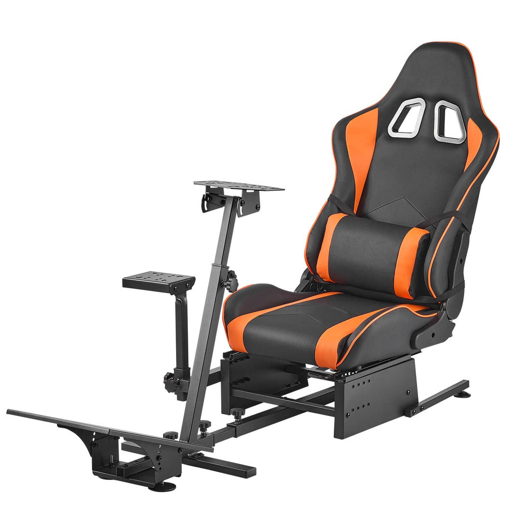 Racing simulator bucket seat with black and orange upholstery and mounted steering and pedal stand