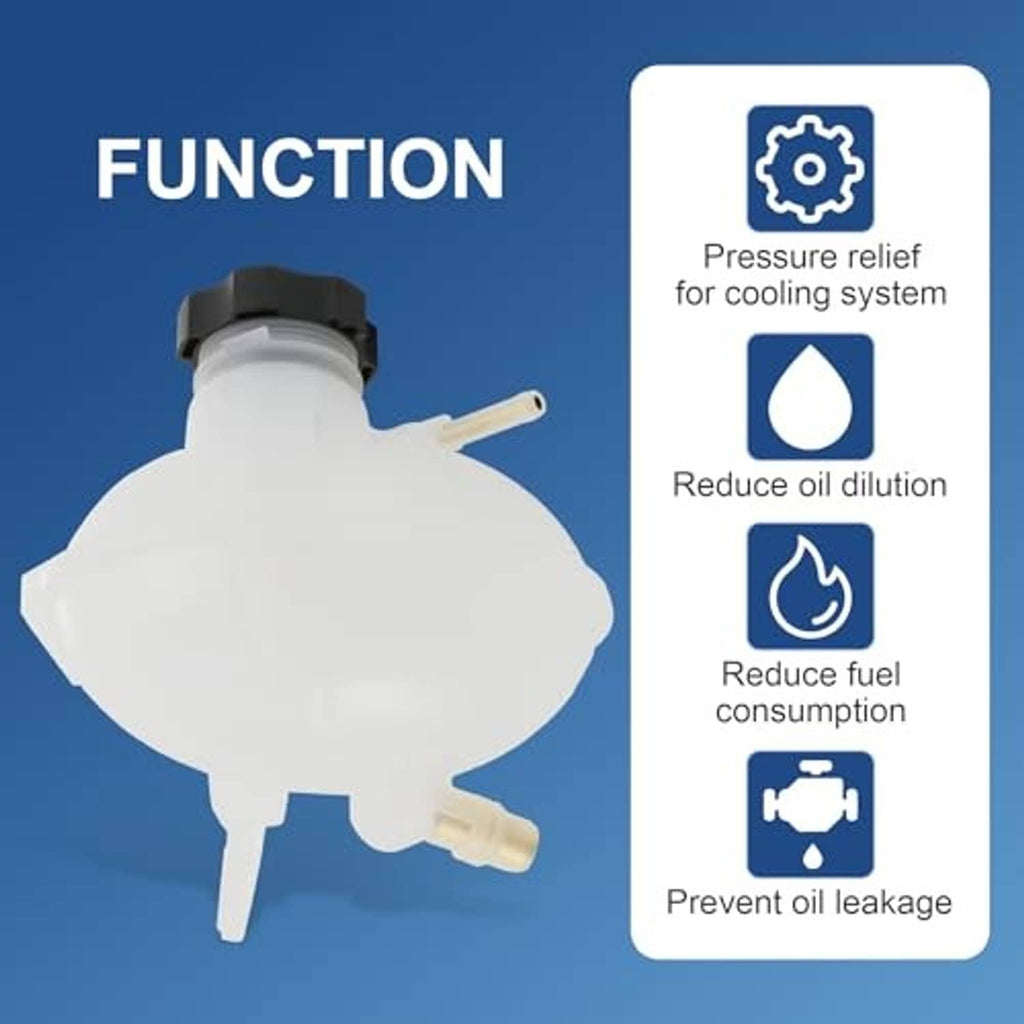 Coolant reservoir tank with black cap and outlet tube