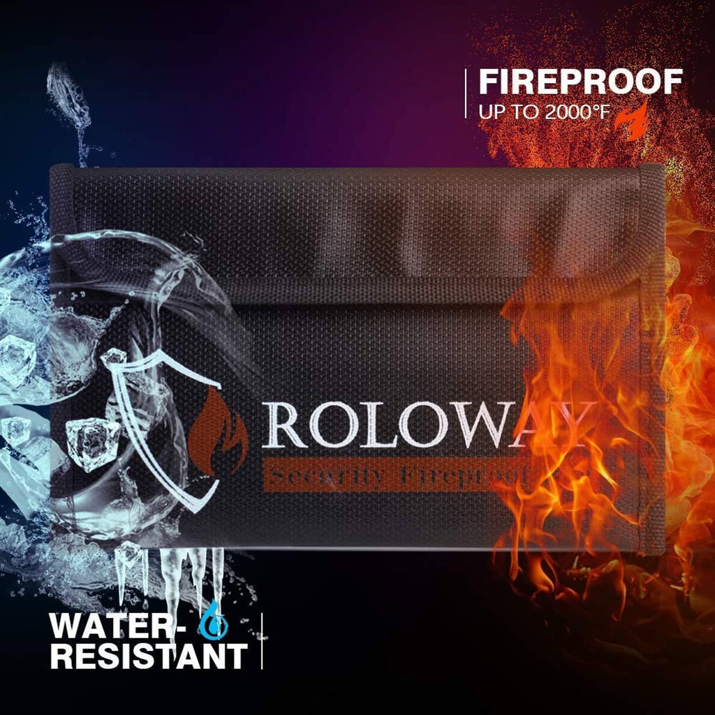 Fireproof money bag with Roloway shield logo and printed 'up to 2000°F' text.