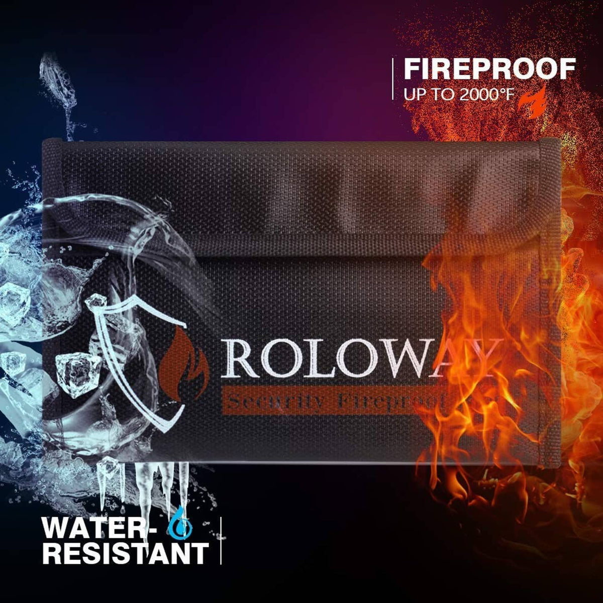 Fireproof money bag with Roloway shield logo and printed 'up to 2000°F' text.